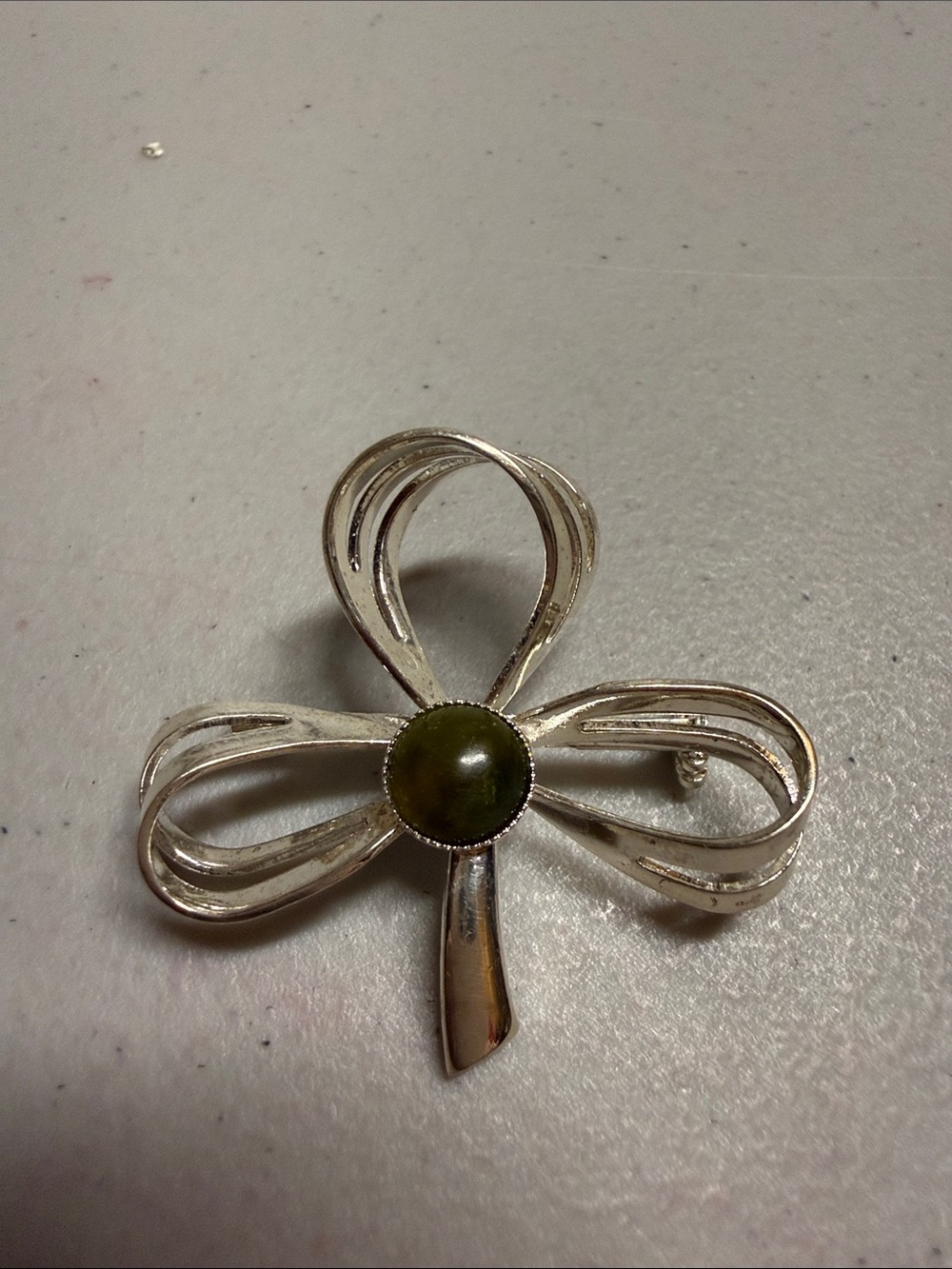 Silver Bow Brooch with Olive Green Center